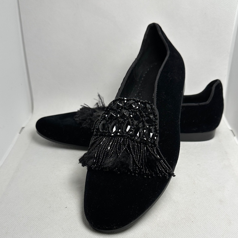 Vaneli Wenona Black Velvet Beads Fringe Rhinestones Flats Loafers Size 7.5 M